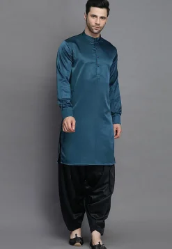Solid Color Crepe Kurta in Teal Blue