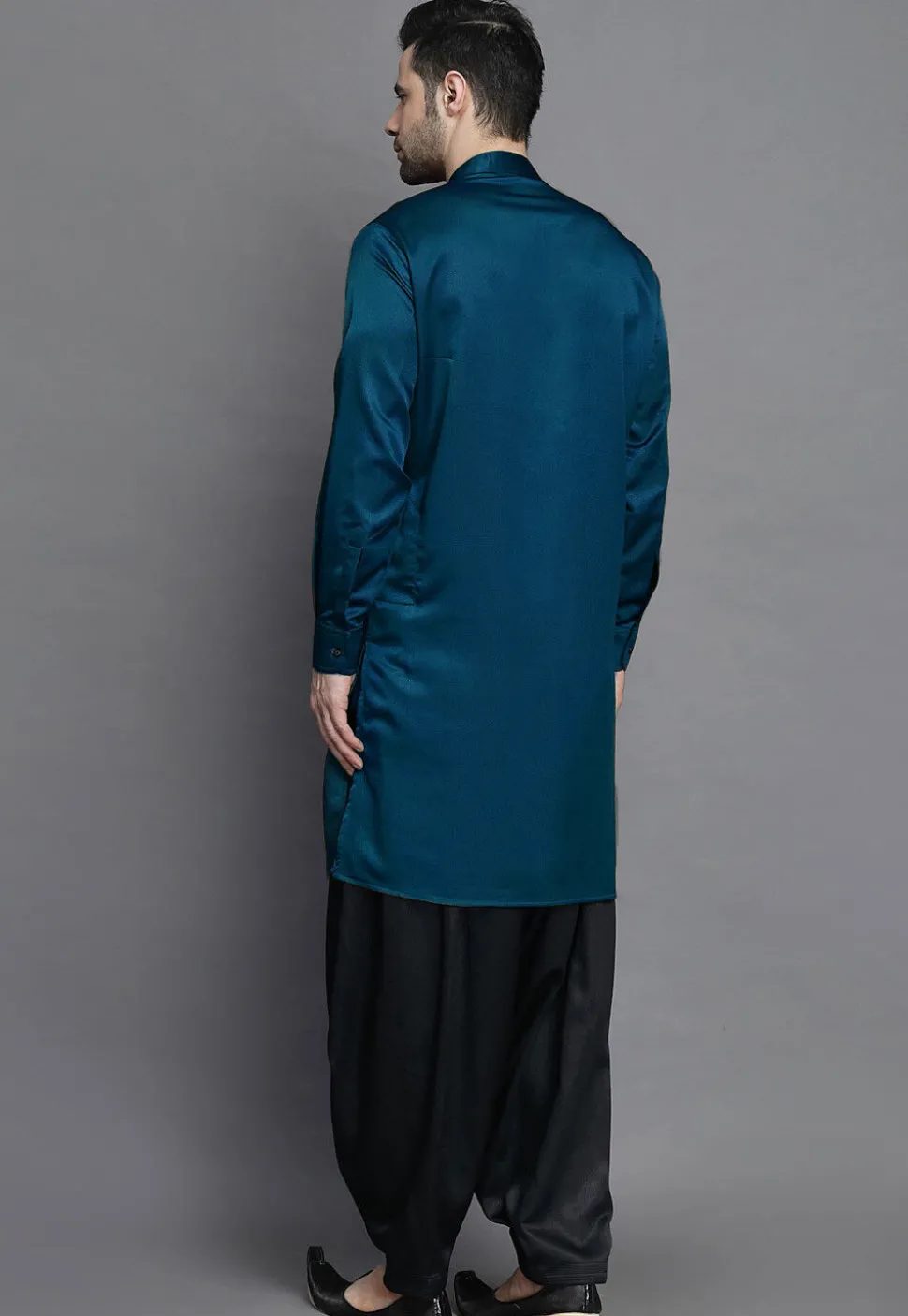 Solid Color Crepe Kurta in Teal Blue