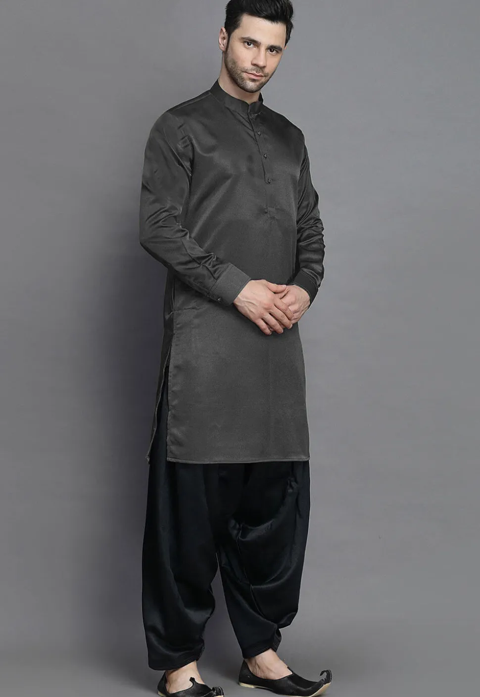 Solid Color Crepe Kurta in Dark Grey