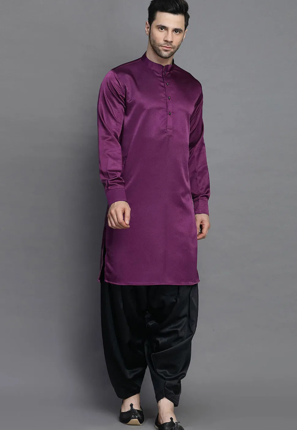 Solid Color Crepe Kurta Salwar Set in Purple