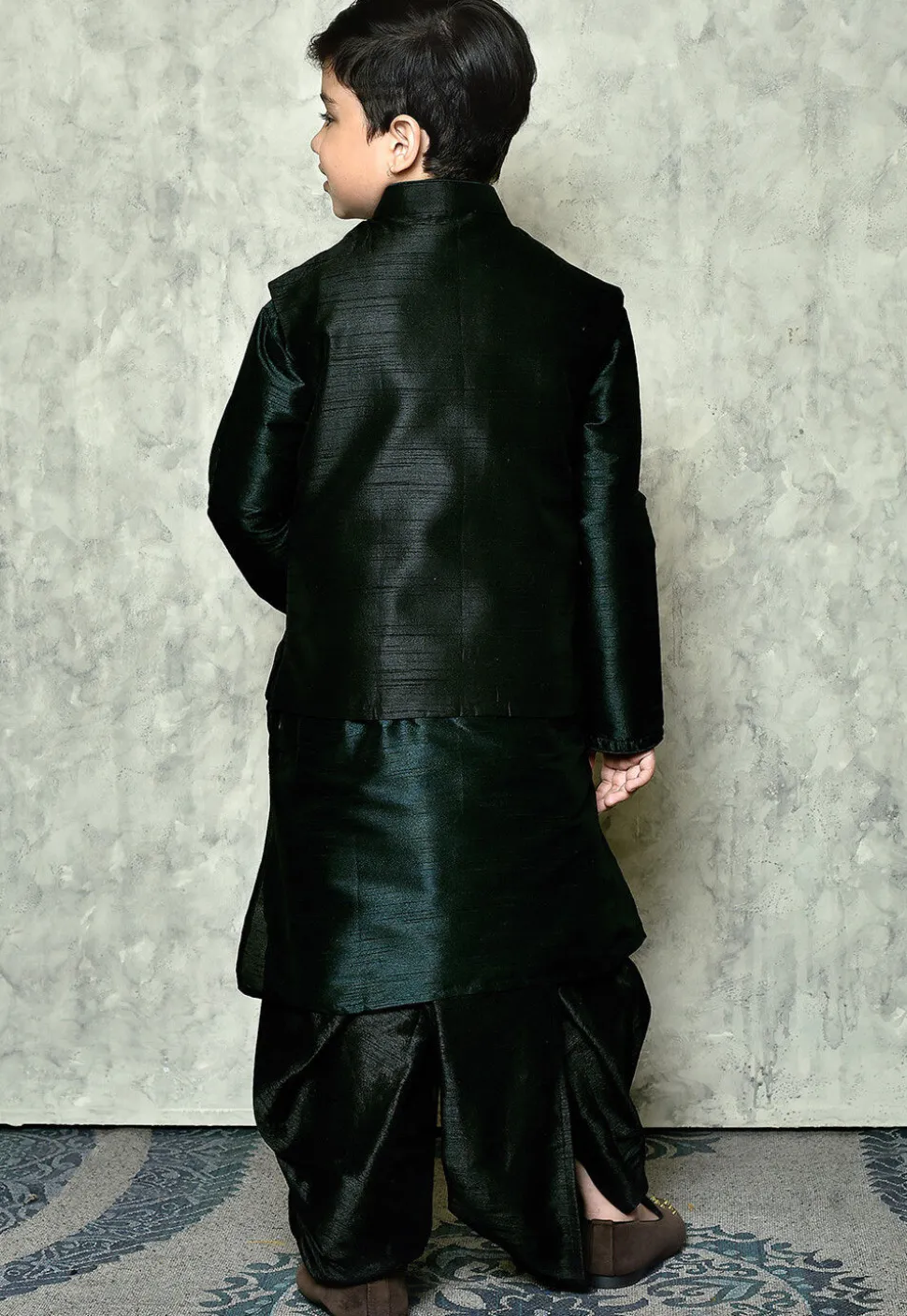 Solid Color Dupion Dhoti Kurta Jacket in Dark Green and Black