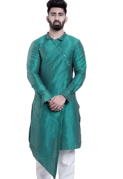 Solid Color Dupion Silk Asymmetric Kurta in Turquoise
