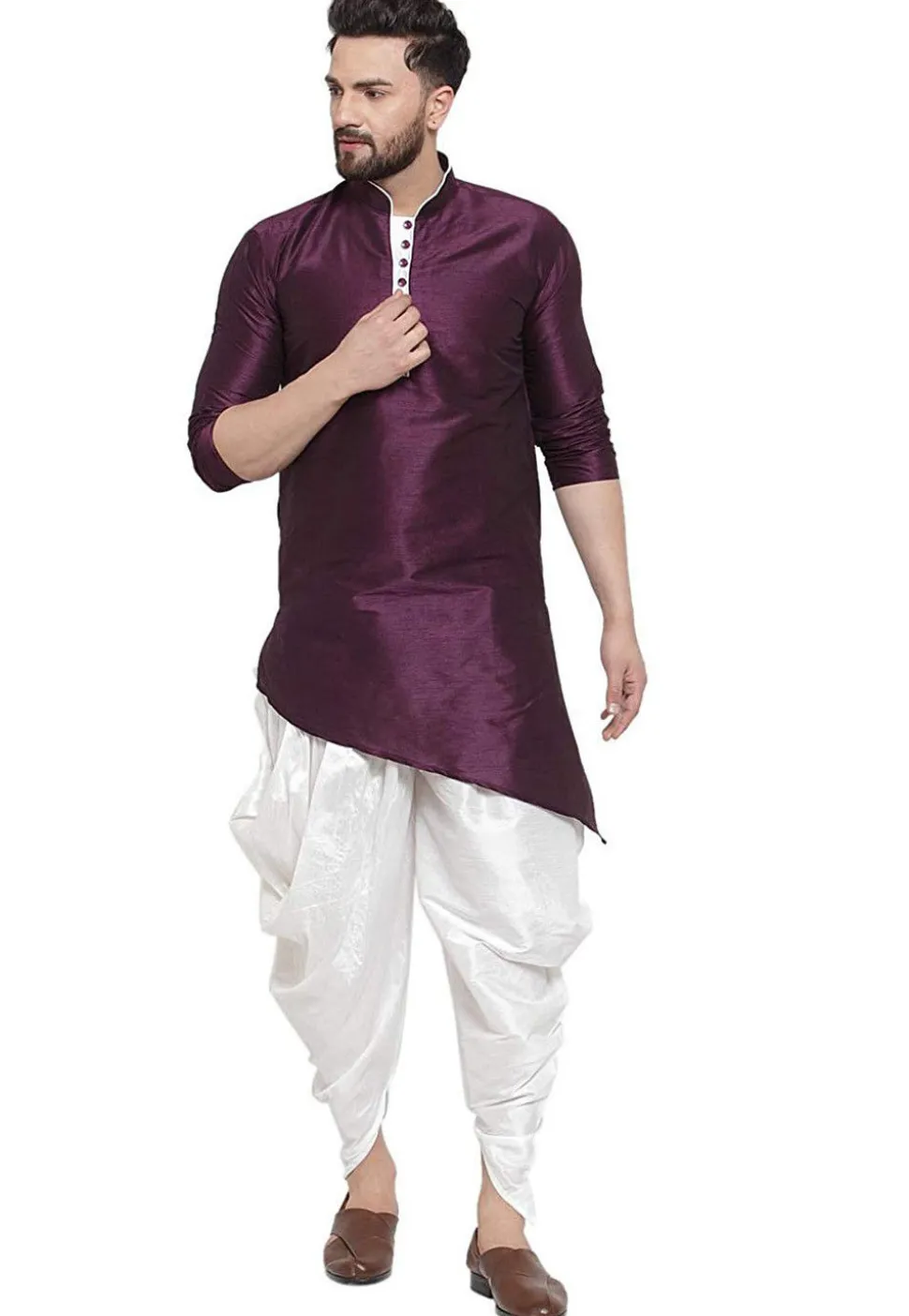 Solid Color Dupion Silk Asymmetric Dhoti Kurta in Dark Purple