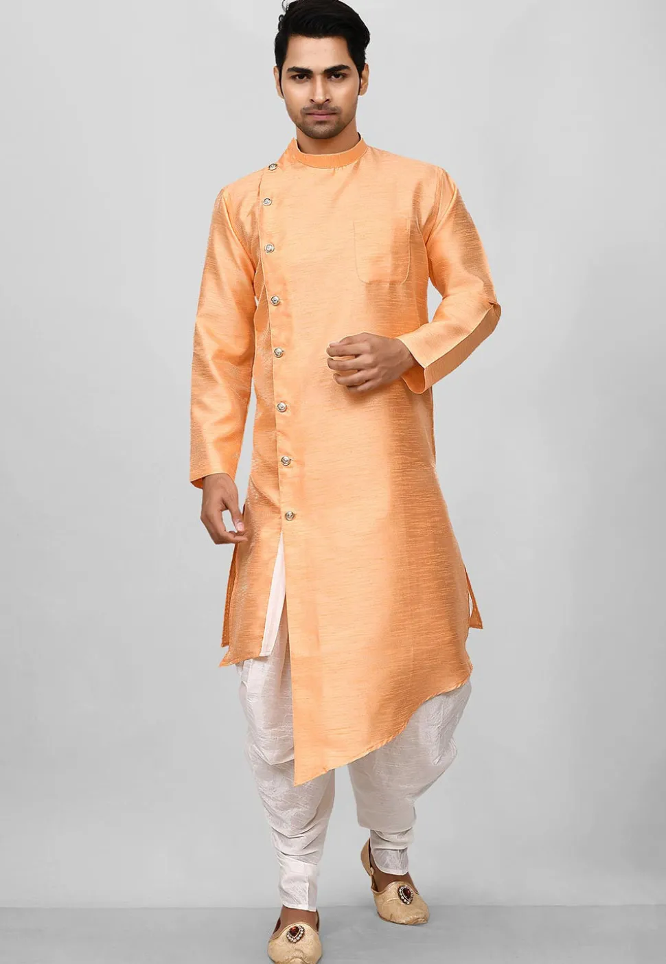 Solid Color Dupion Silk Asymmetric Dhoti Kurta in Orange
