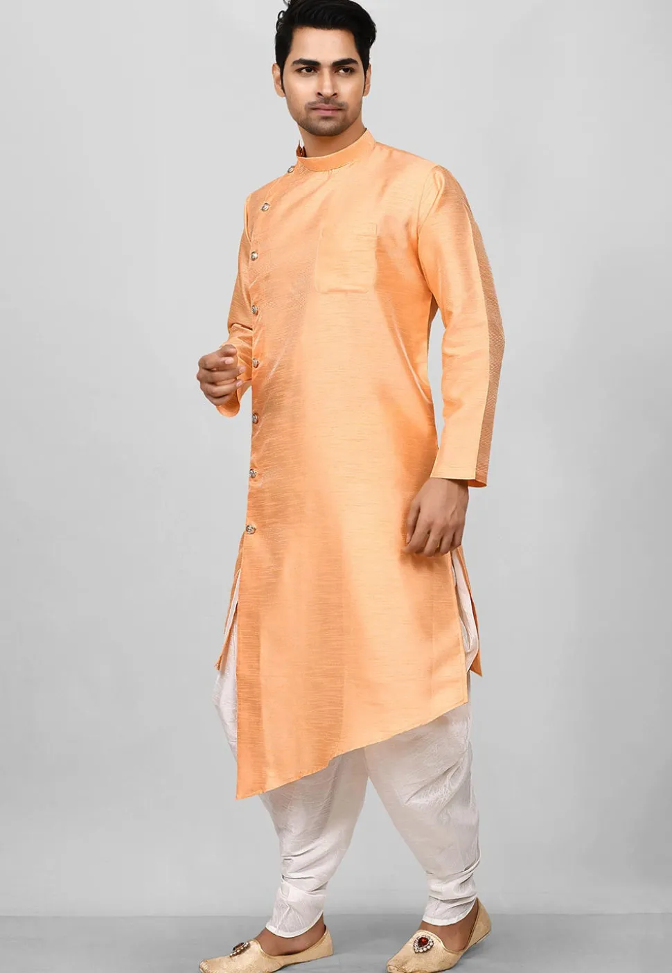 Solid Color Dupion Silk Asymmetric Dhoti Kurta in Orange