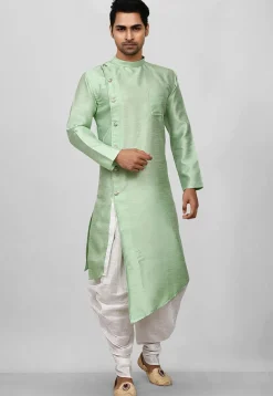 Solid Color Dupion Silk Asymmetric Dhoti Kurta in Pastel Green