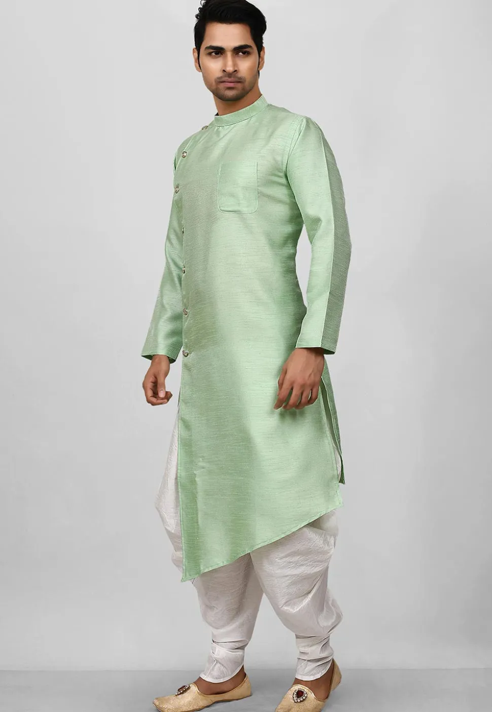 Solid Color Dupion Silk Asymmetric Dhoti Kurta in Pastel Green