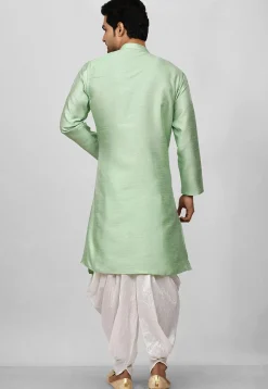 Solid Color Dupion Silk Asymmetric Dhoti Kurta in Pastel Green