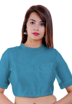 Solid Color Dupion Silk and Net Blouse in Blue