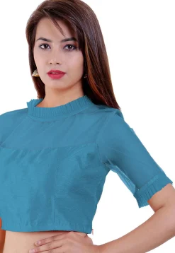 Solid Color Dupion Silk and Net Blouse in Blue