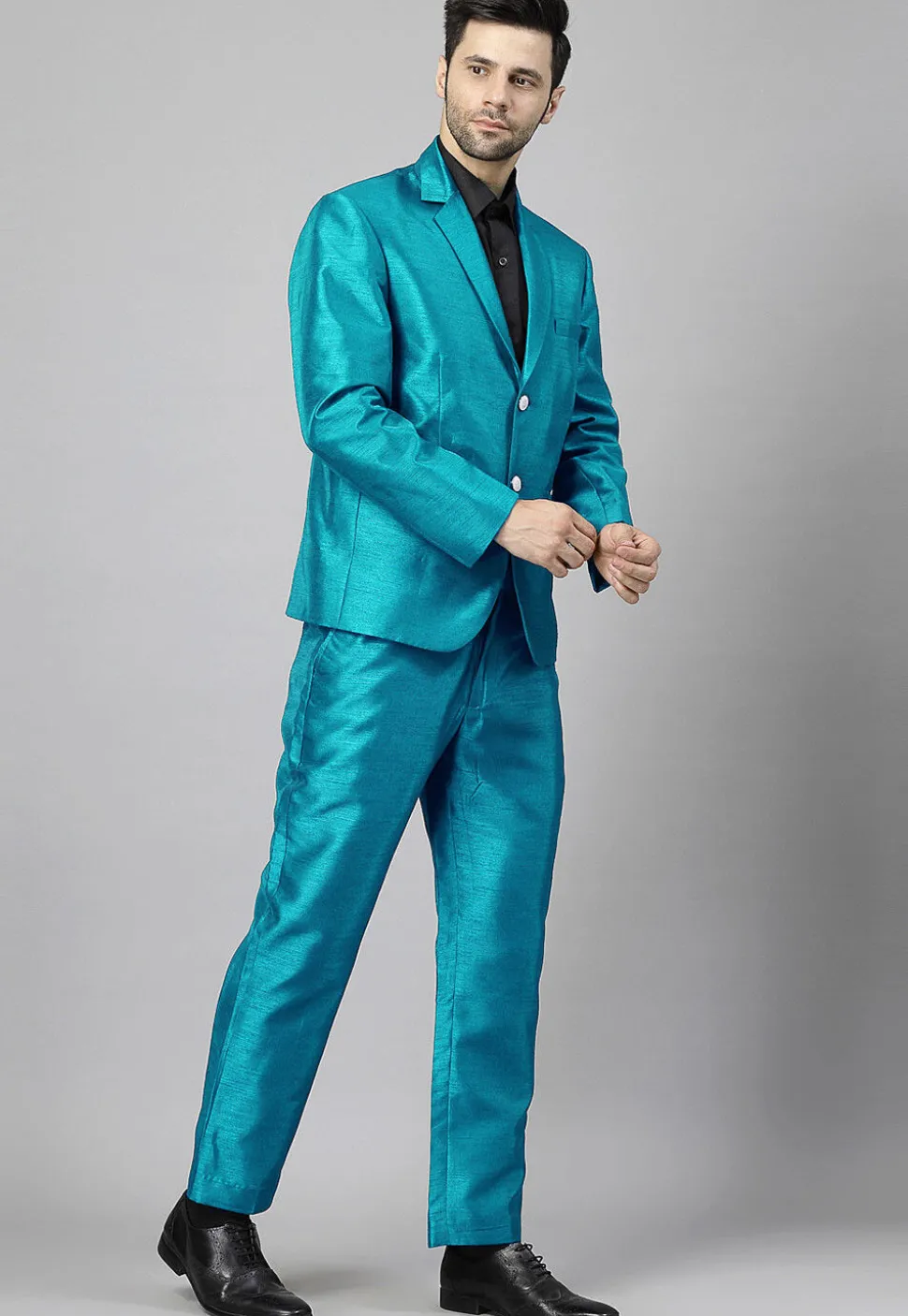 Solid Color Dupion Silk Blazer in Teal Blue