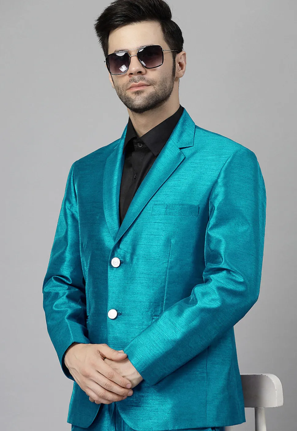 Solid Color Dupion Silk Blazer in Teal Blue