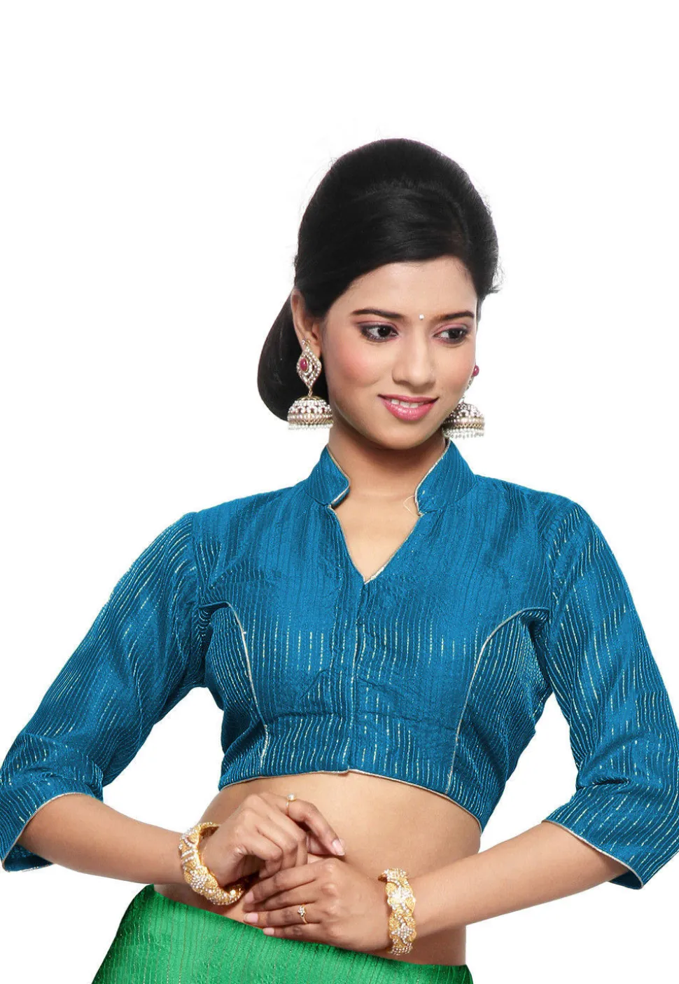 Solid Color Dupion Silk Blouse in Teal Blue