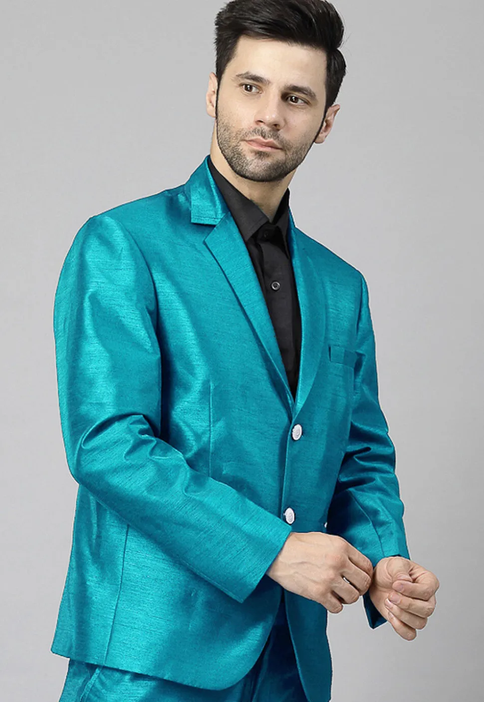 Solid Color Dupion Silk Blazer in Teal Blue