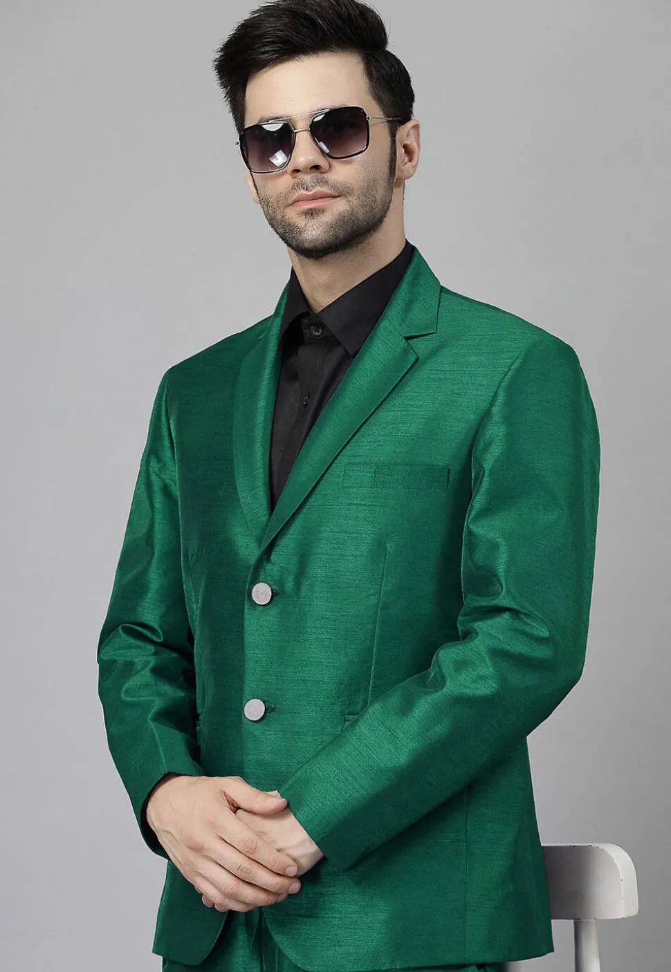 Solid Color Dupion Silk Blazer in Teal Green