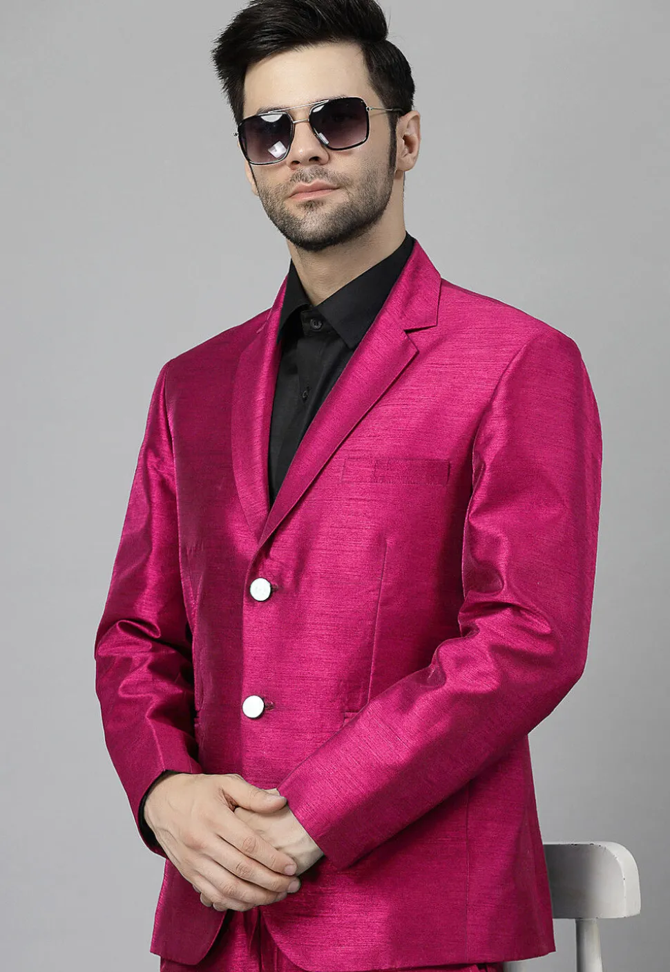 Solid Color Dupion Silk Blazer in Fuchsia