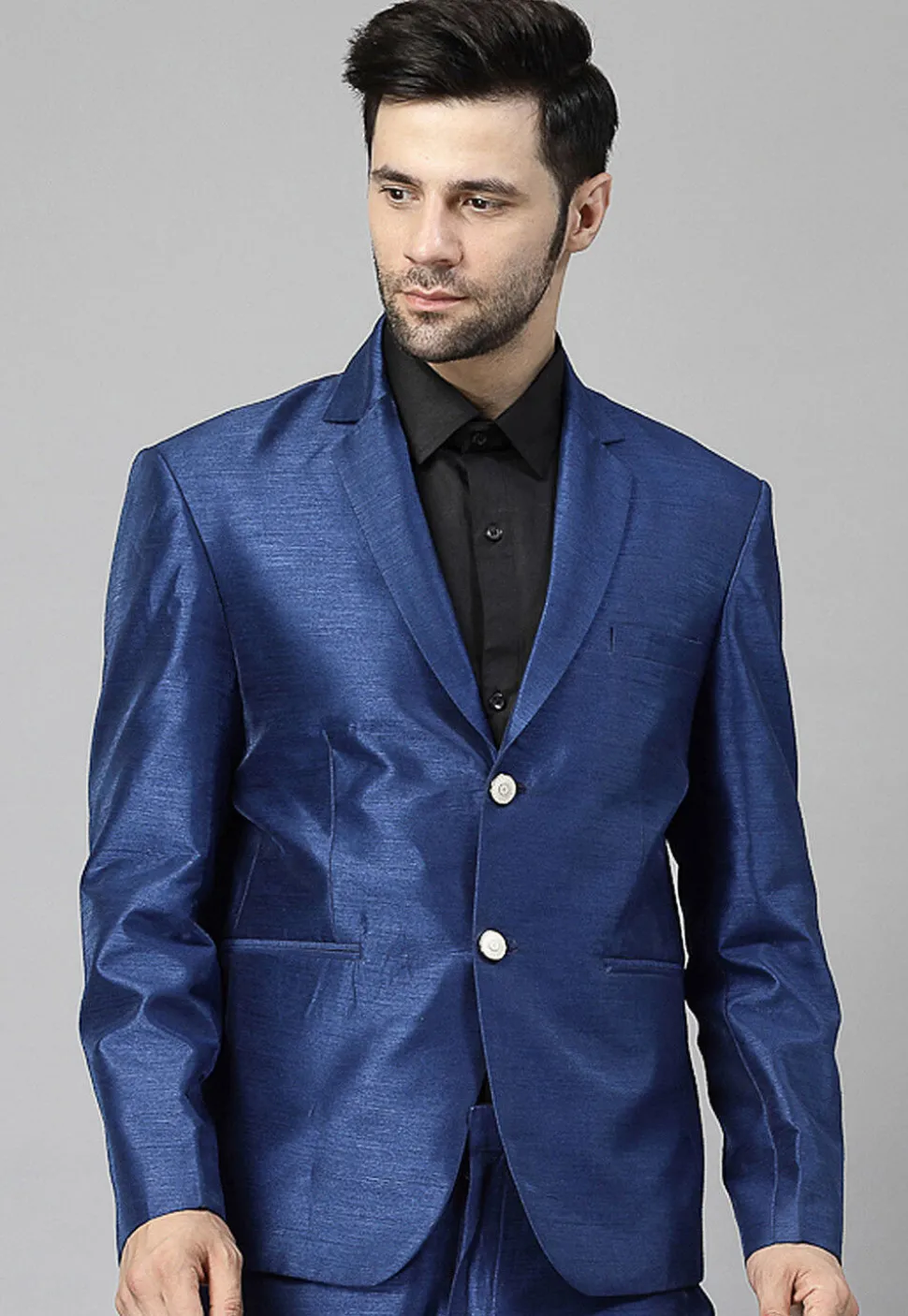 Solid Color Dupion Silk Blazer in Blue