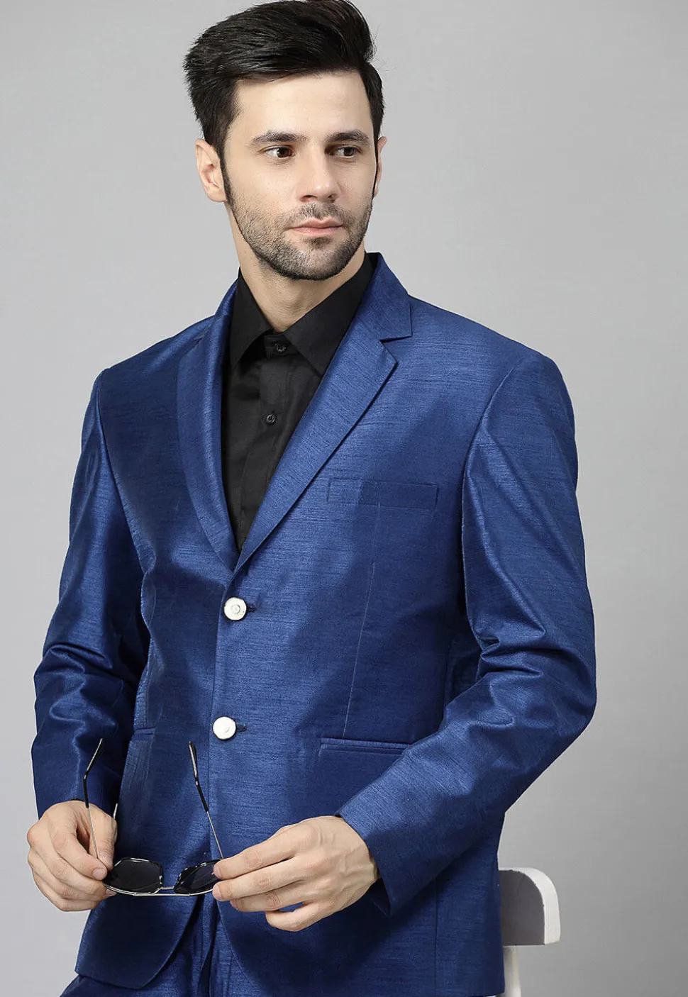 Solid Color Dupion Silk Blazer in Blue