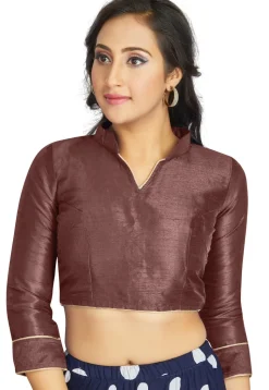 Solid Color Dupion Silk Cutout Back Blouse in Dark Brown