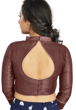 Solid Color Dupion Silk Cutout Back Blouse in Dark Brown