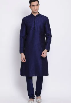 Solid Color Dupion Silk Churidar in Navy Blue
