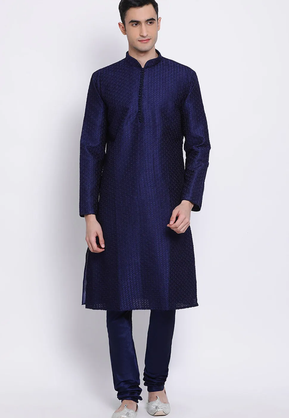 Solid Color Dupion Silk Churidar in Navy Blue