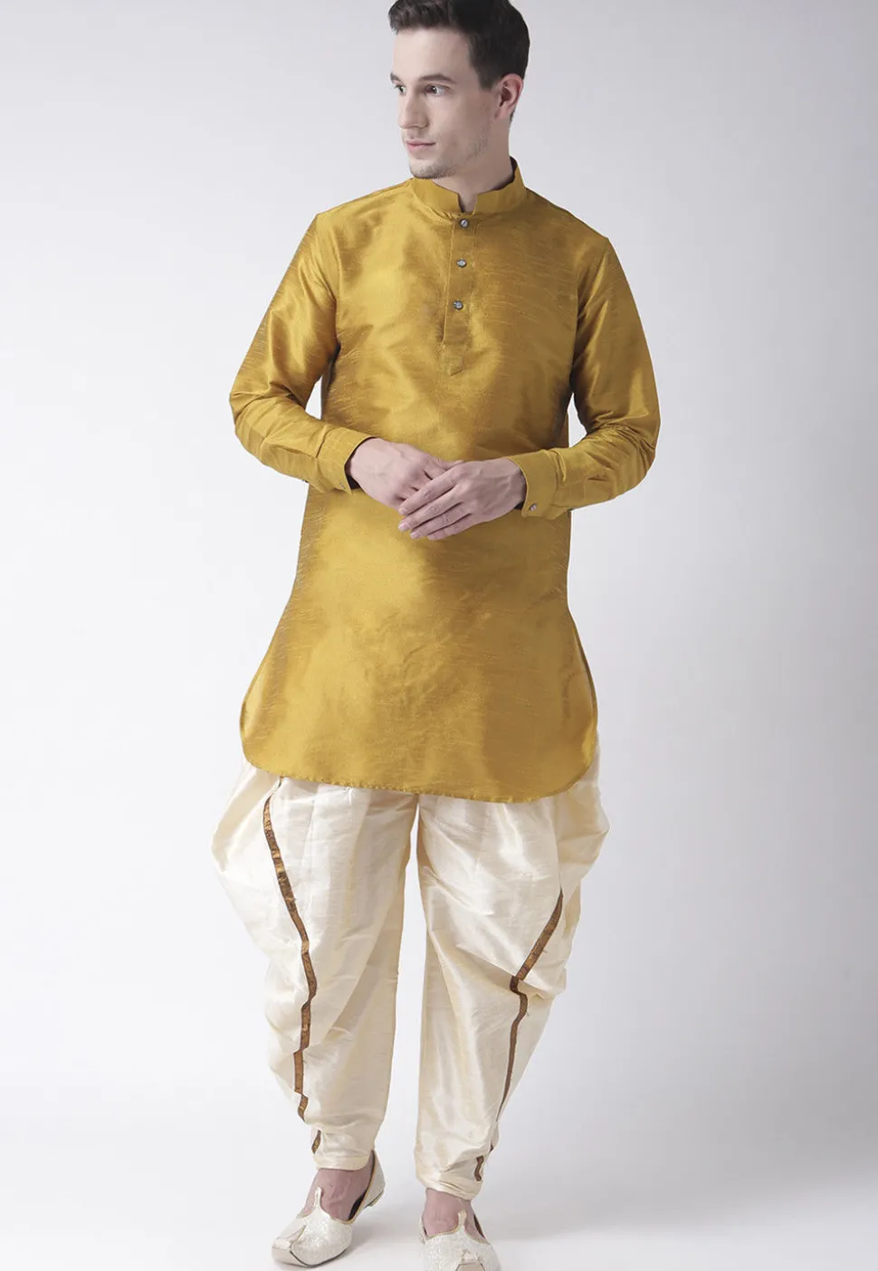 Solid Color Dupion Silk Dhoti Kurta in Mustard