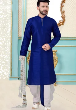Solid Color Dupion Silk Dhoti Kurta in Royal Blue