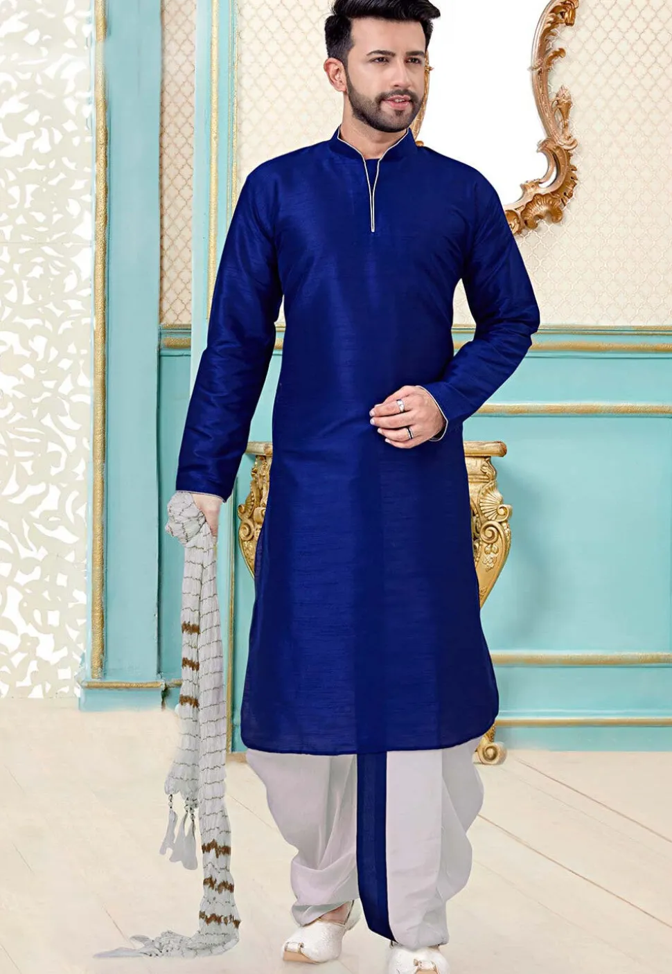 Solid Color Dupion Silk Dhoti Kurta in Royal Blue