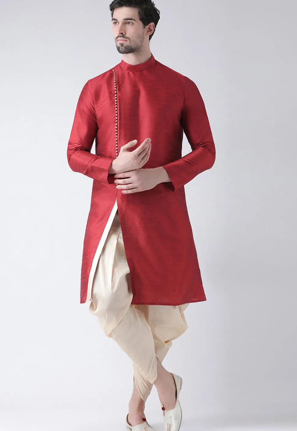 Solid Color Dupion Silk Dhoti Kurta in Maroon