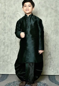 Solid Color Dupion Silk Dhoti Kurta in Dark Green