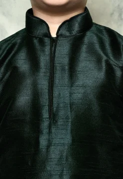 Solid Color Dupion Silk Dhoti Kurta in Dark Green