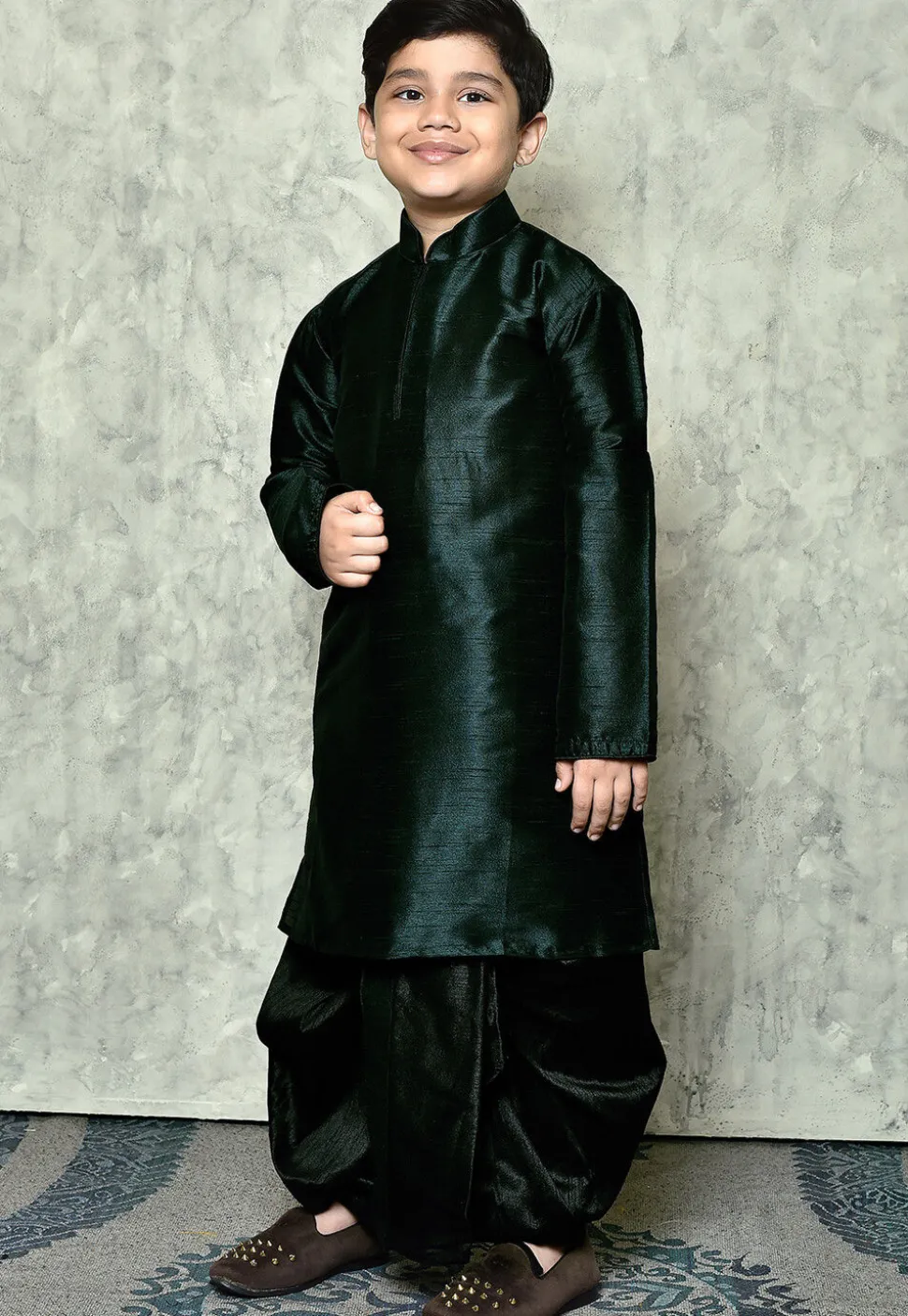 Solid Color Dupion Silk Dhoti Kurta in Dark Green