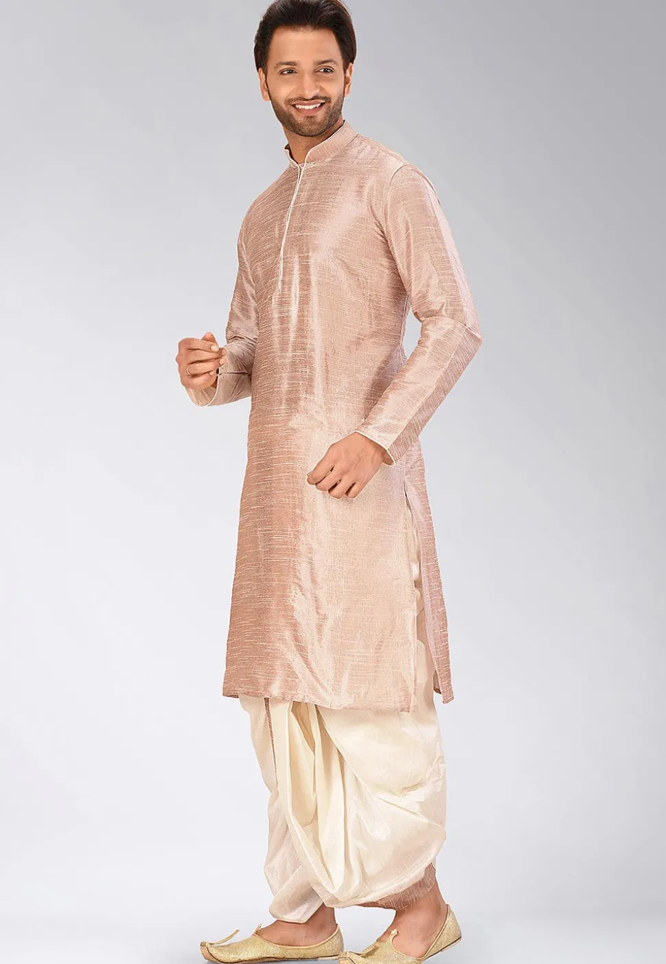 Solid Color Dupion Silk Dhoti Kurta in Fawn