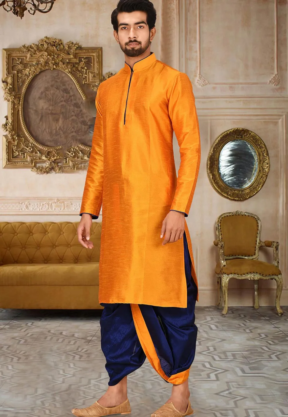 Solid Color Dupion Silk Dhoti Kurta in Orange