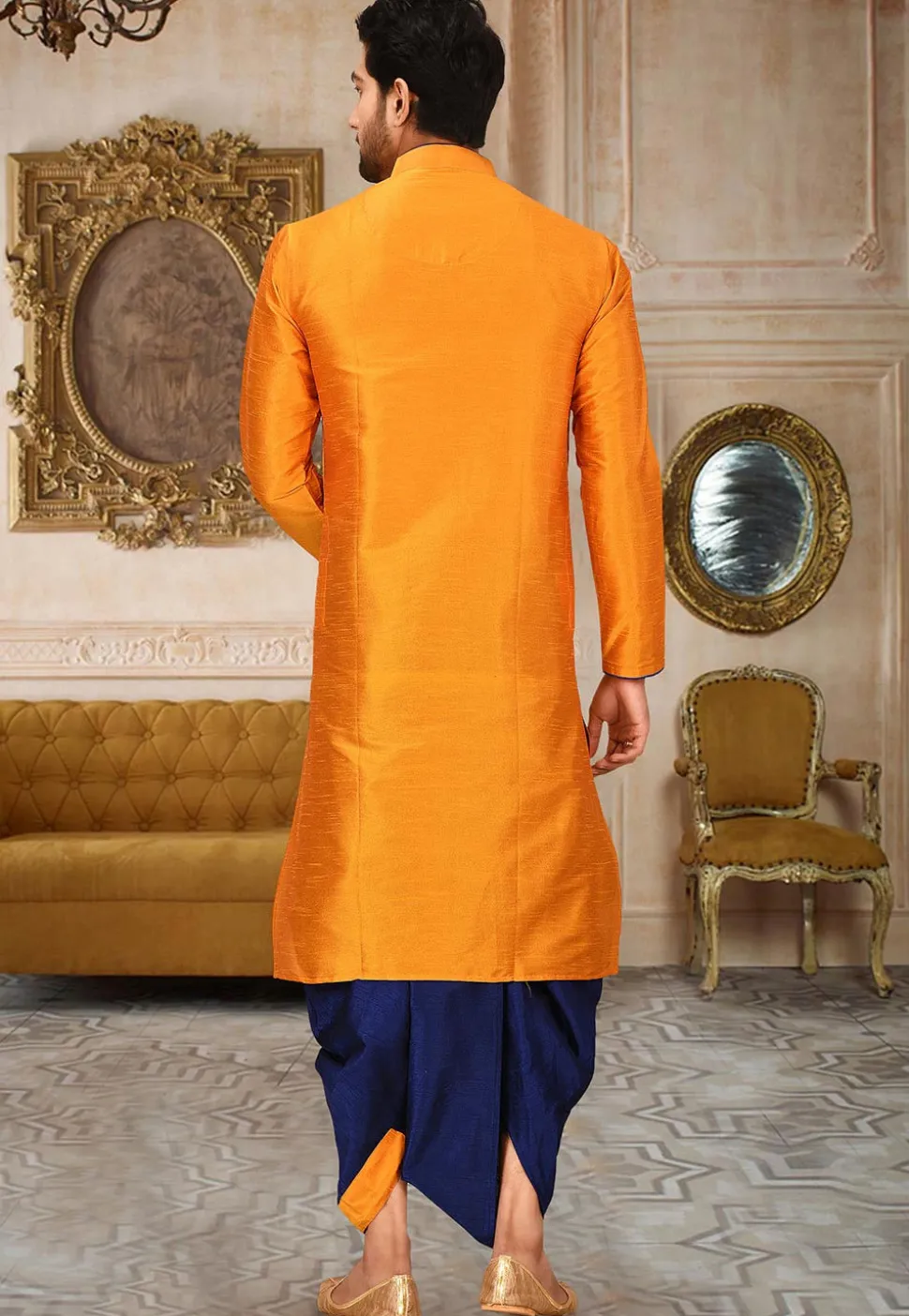 Solid Color Dupion Silk Dhoti Kurta in Orange