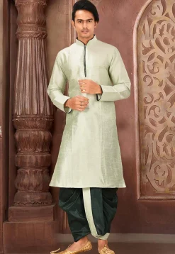 Solid Color Dupion Silk Dhoti Kurta in Dusty Green