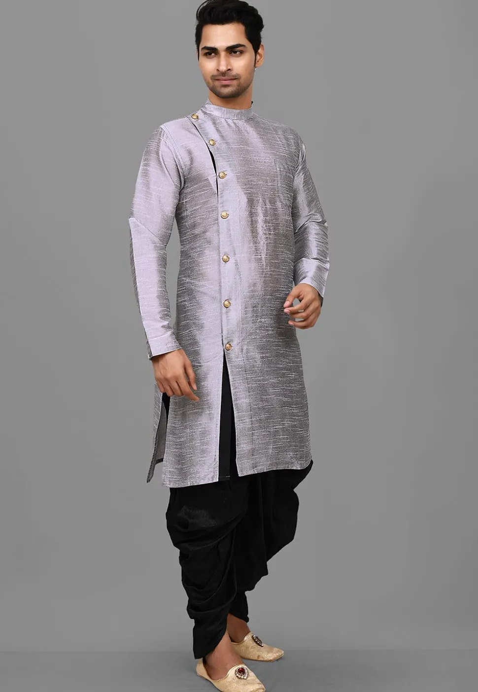 Solid Color Dupion Silk Dhoti Kurta in Grey