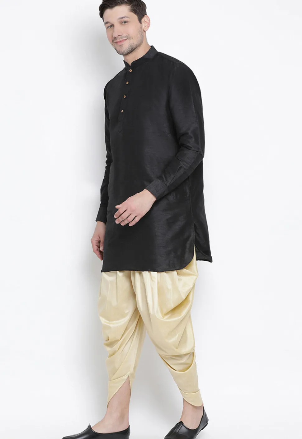 Solid Color Dupion Silk Dhoti Kurta in Black