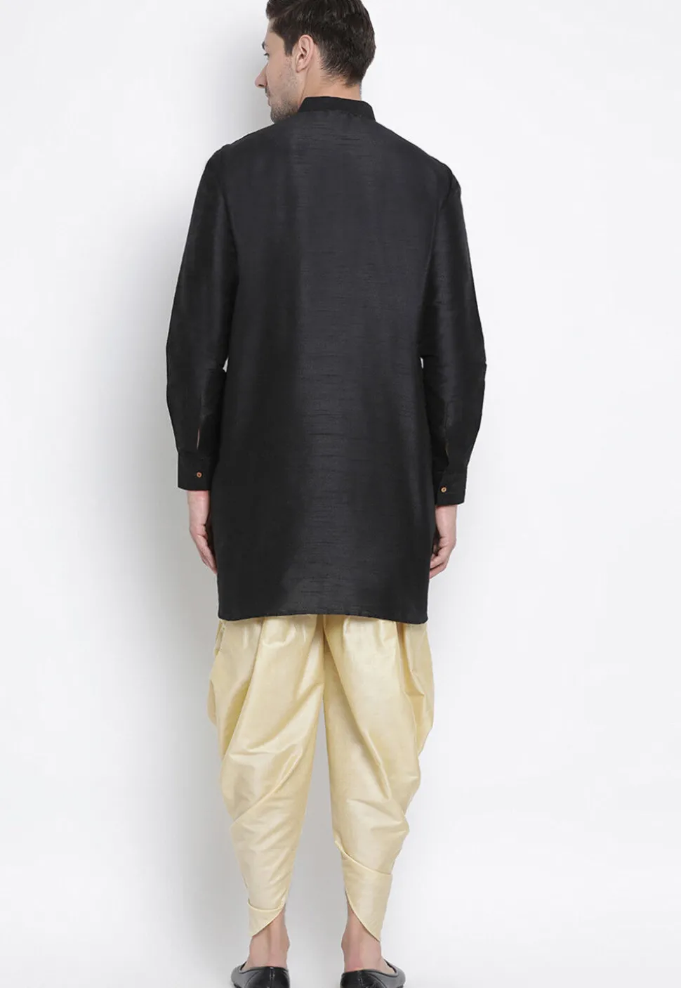 Solid Color Dupion Silk Dhoti Kurta in Black