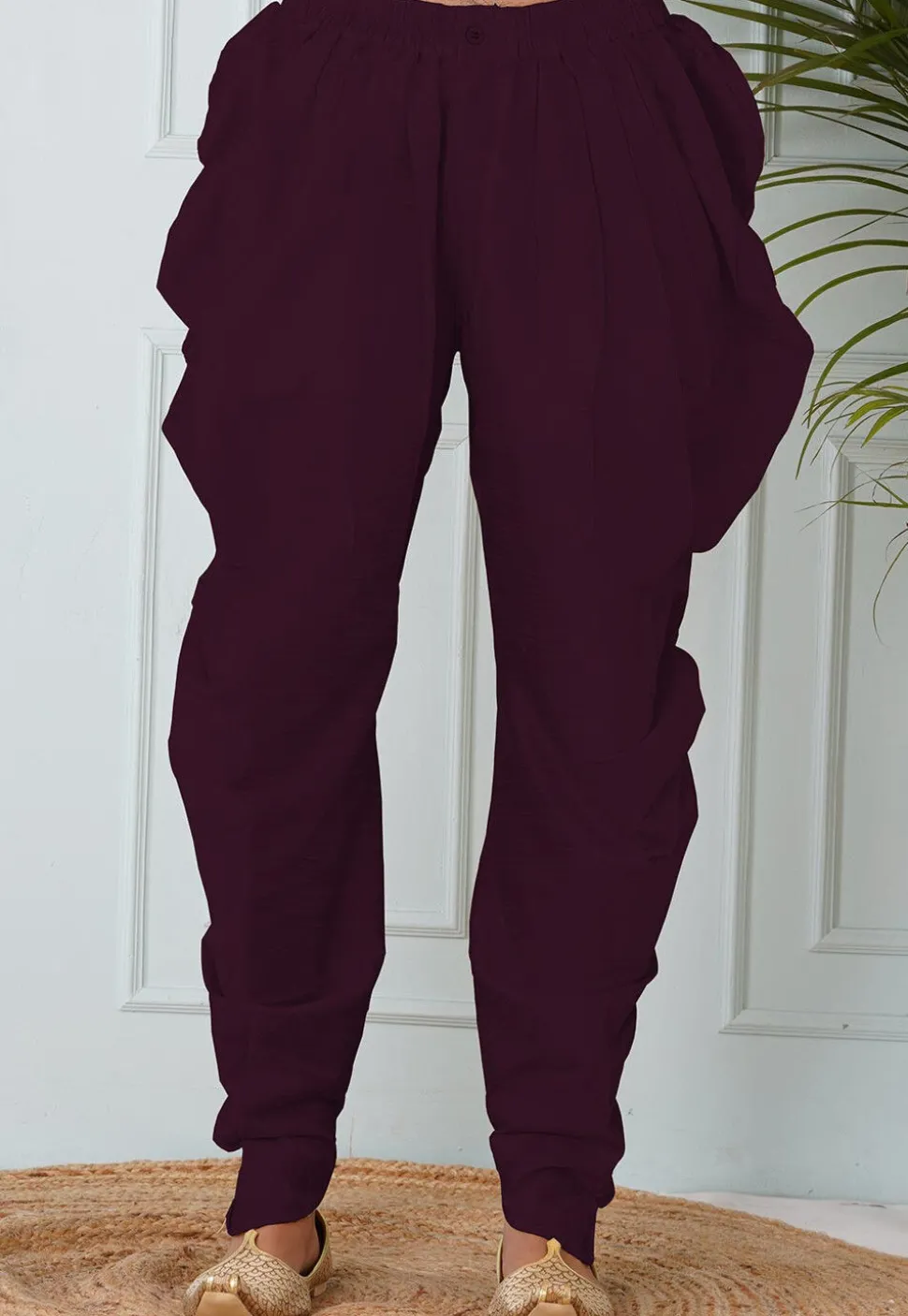 Solid Color Dupion Silk Dhoti in Wine