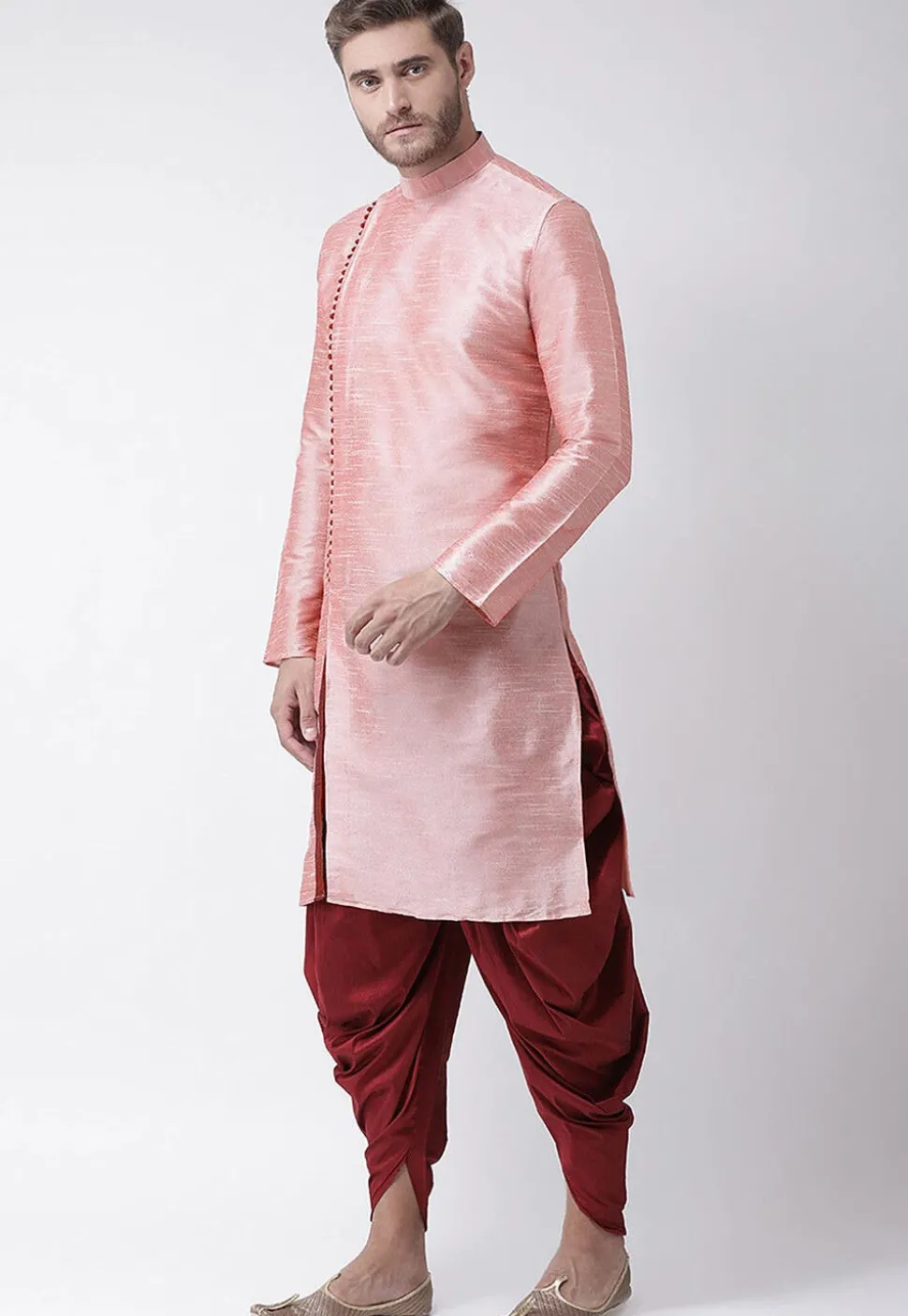 Solid Color Dupion Silk Dhoti Kurta in Pink