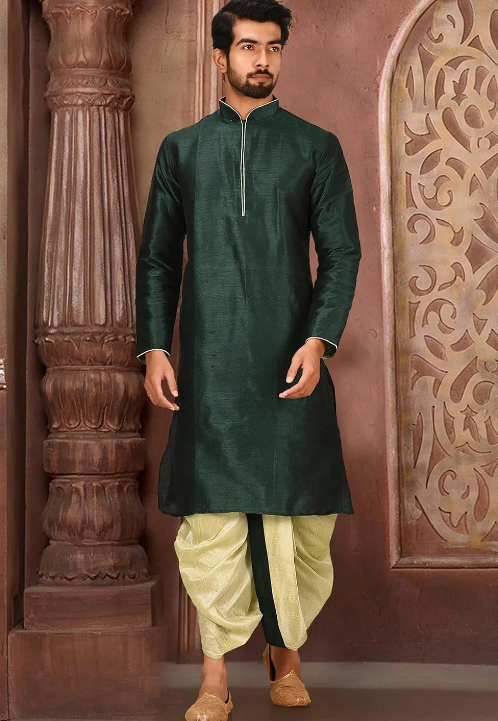 Solid Color Dupion Silk Dhoti Kurta in Dark Green