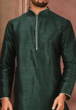 Solid Color Dupion Silk Dhoti Kurta in Dark Green