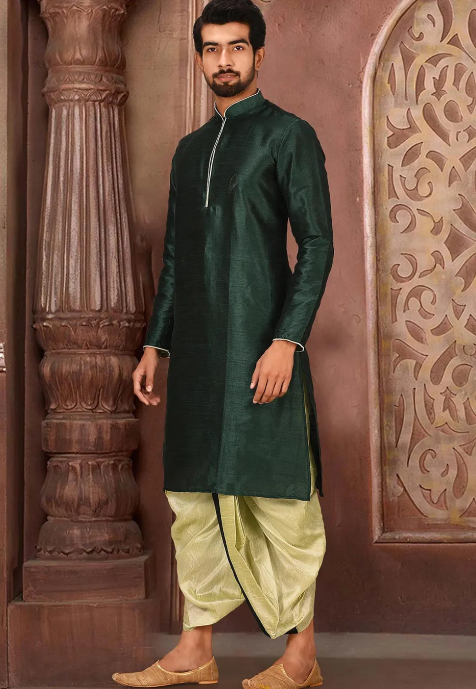 Solid Color Dupion Silk Dhoti Kurta in Dark Green