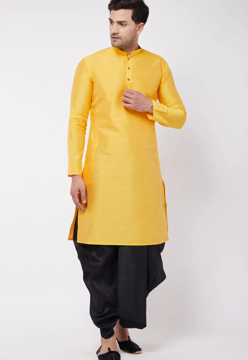 Solid Color Dupion Silk Dhoti Kurta in Yellow