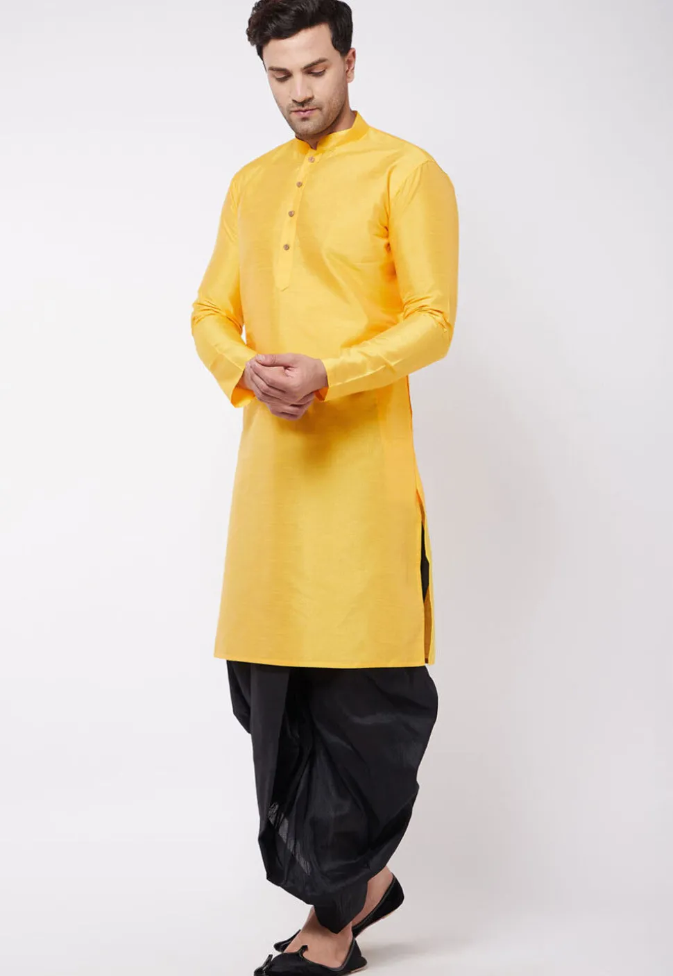 Solid Color Dupion Silk Dhoti Kurta in Yellow