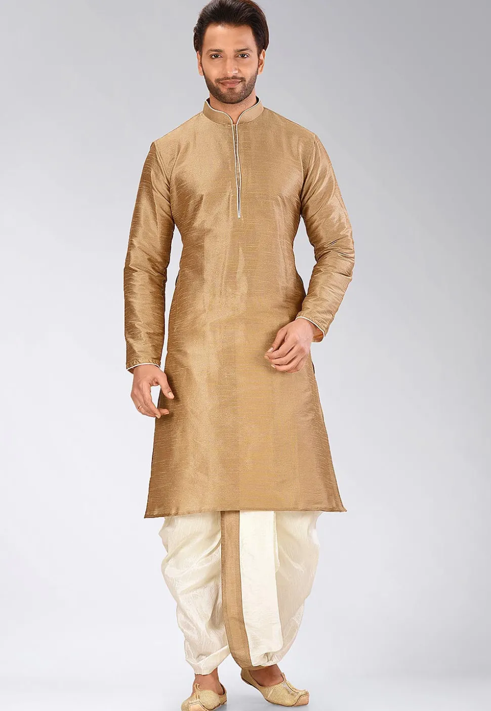 Solid Color Dupion Silk Dhoti Kurta in Dark Beige