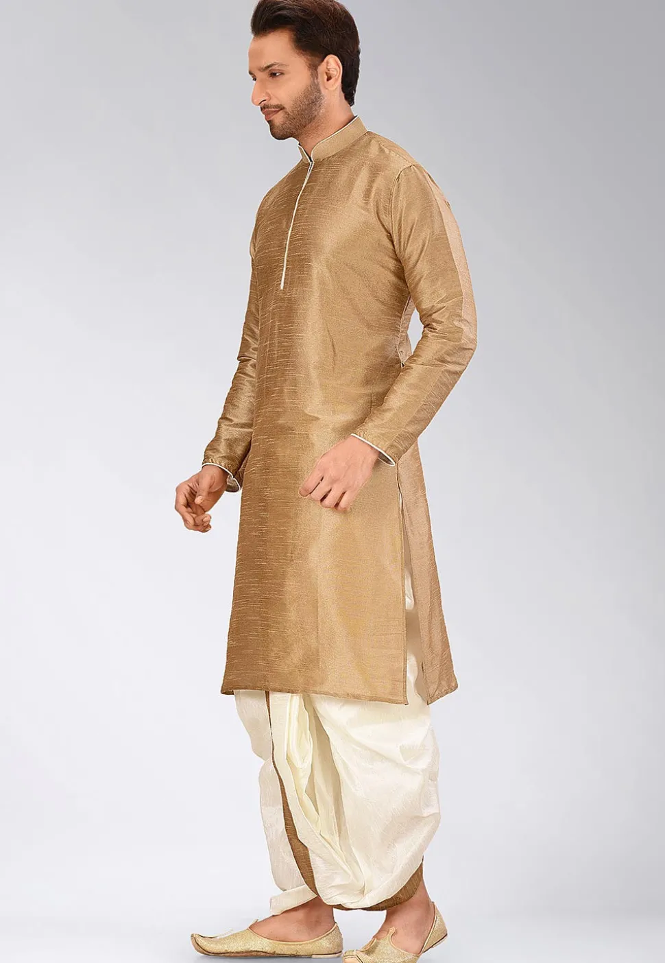 Solid Color Dupion Silk Dhoti Kurta in Dark Beige