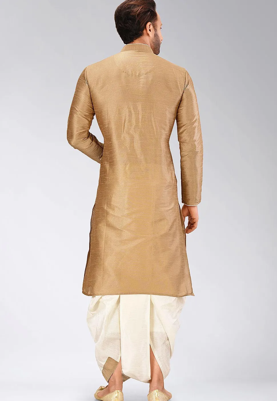 Solid Color Dupion Silk Dhoti Kurta in Dark Beige